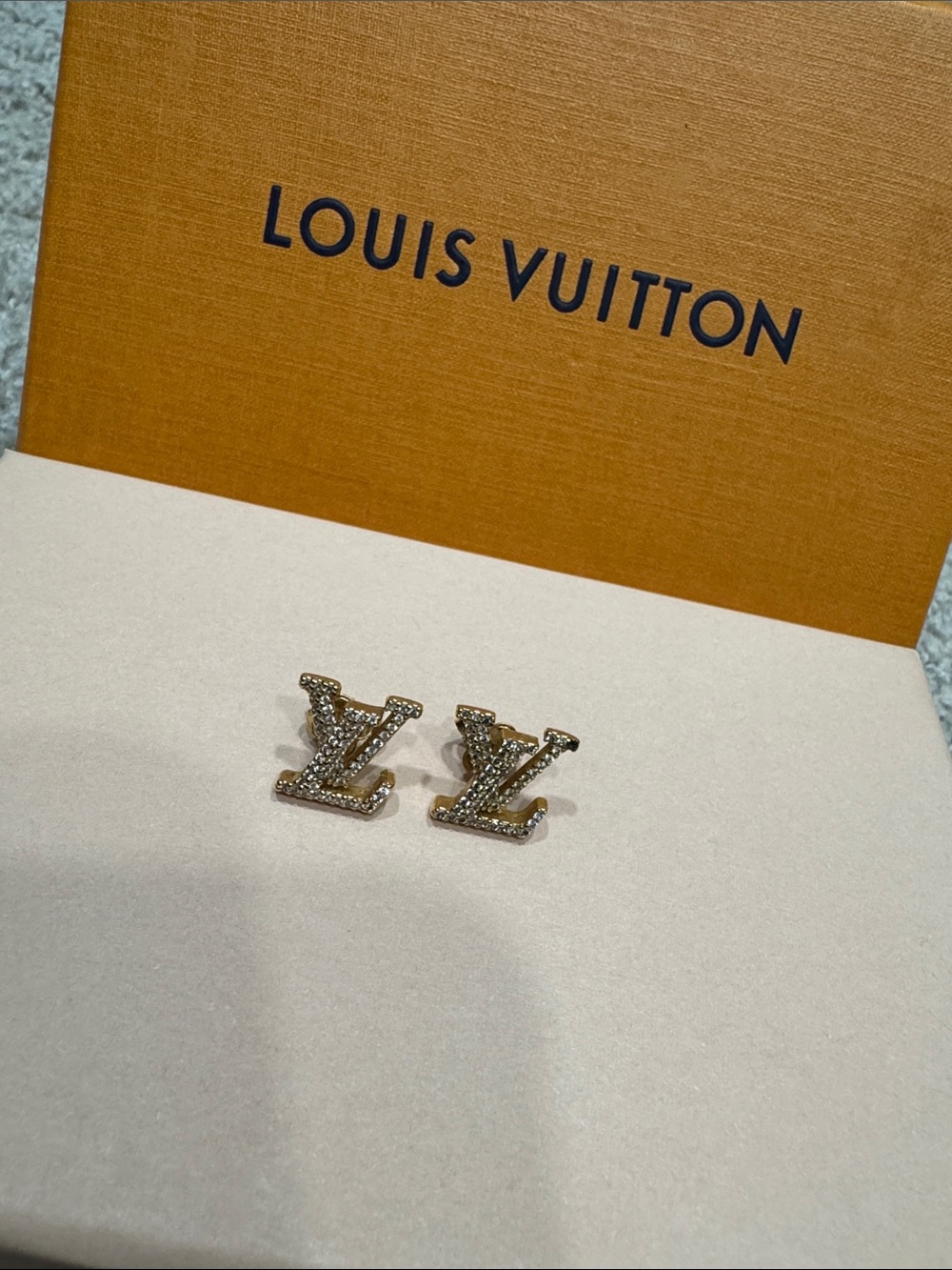 Louis Vuitton Crystal-Embellished Gold LV Logo Stud Earrings